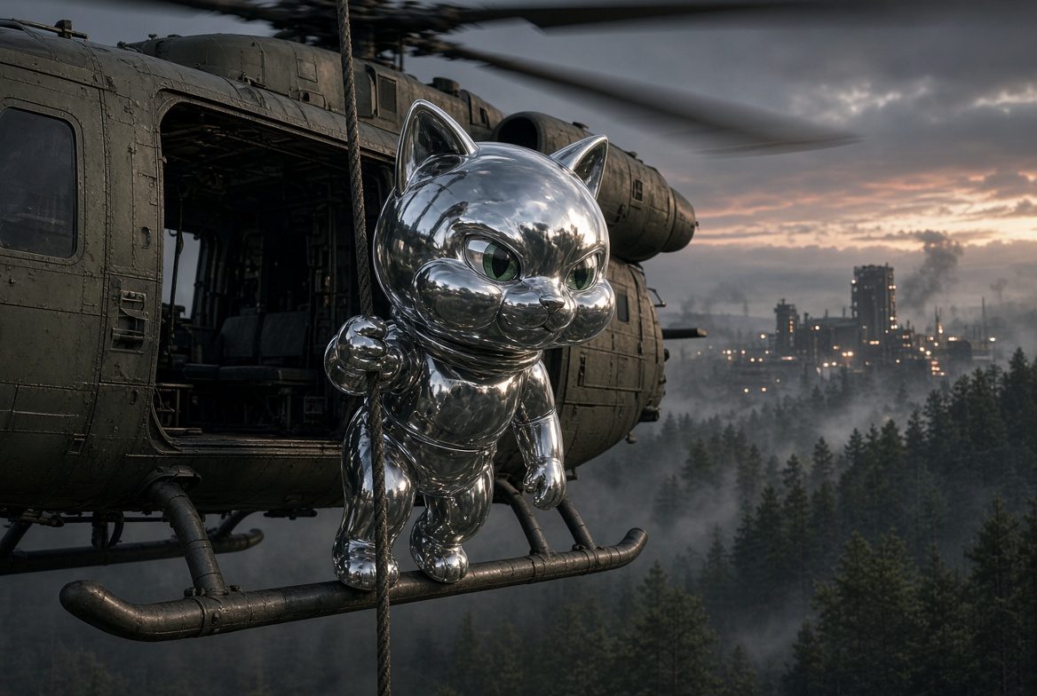 gitcat, the chrome cat, riding the skid of a military helicopter over a misty forest at dusk, an industrial skyline lit up behind it