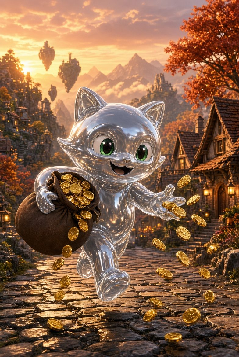 gitcat, a chrome cat with green eyes, running down a cobbled street at sunset with a sack of gold coins spilling behind it